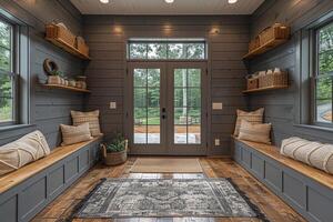 AI Generated Modern farmhouse mudroom with storage benches and shiplap walls photo