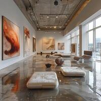 AI Generated Minimalist gallery space with abstract art and polished concrete floors photo