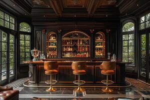 AI Generated Luxe home bar with dark wood paneling and leather bar stools photo