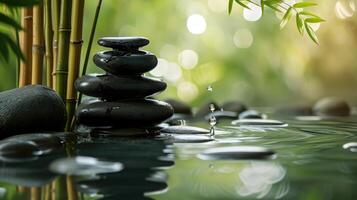 AI generated Zen stones form a serene pyramid on water, a symbol of balance and tranquility in nature's embrace. Ai Generated photo