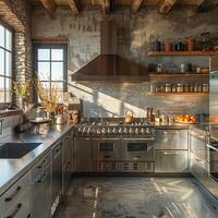 AI Generated Industrial style kitchen with stainless steel countertops and open shelving photo