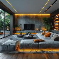 AI Generated High-tech smart home living room with integrated technology and sleek furniture photo