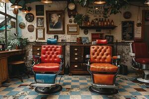 AI Generated Vintage barbershop interior with classic chairs and nostalgic decor photo