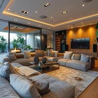 AI Generated High-tech smart home living room with integrated technology and sleek furniture photo