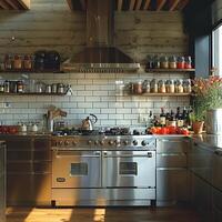 AI Generated Industrial style kitchen with stainless steel countertops and open shelving photo