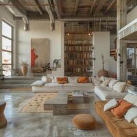 AI Generated Industrial loft living space with exposed ductwork and concrete floors photo