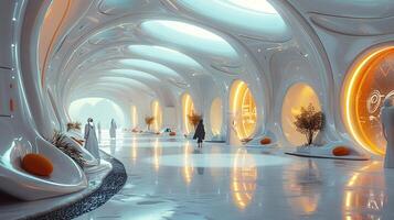 AI Generated Futuristic lobby with interactive installations and high-tech features photo