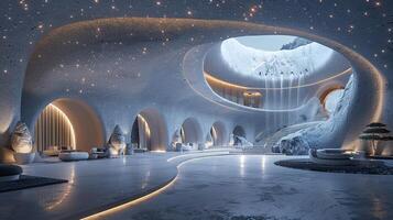 AI Generated Futuristic lobby with interactive installations and high-tech features photo