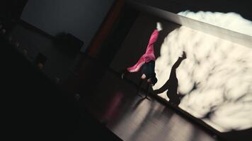 Silhouette of two people practicing dance or martial arts in a room with natural light casting a shadow on the floor. video