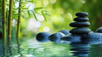 AI generated Zen stones form a serene pyramid on water, a symbol of balance and tranquility in nature's embrace. Ai Generated photo