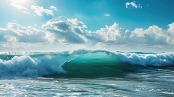AI generated turquoise waves gently lapping at sandy beach, ocean-view seascape landscape. Ai Generated photo
