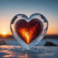 ai generado resumen corazón como un símbolo de amor en el formar de un pedazo de hielo iluminado por luz de sol foto