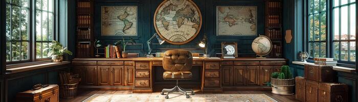 AI Generated Vintage travel-themed home office with globes maps photo