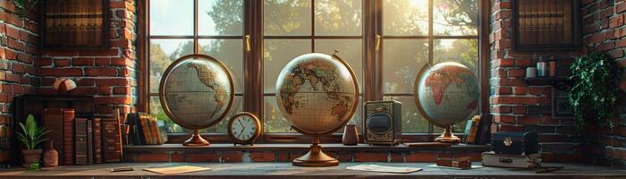 AI Generated Vintage travel-themed home office with globes maps photo