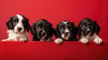 AI generated Four adorable puppies sit above banner in charming display. Ai Generated. photo