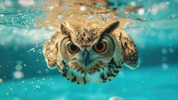 AI generated Hilarious underwater scene owl in pool plays deep dive action, Ai Generated. photo