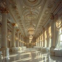 AI Generated Regal ballroom with ornate details high ceilings photo