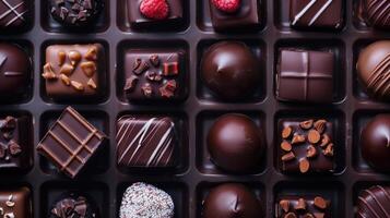 AI generated Assorted rows of different chocolate sweets neatly arranged in a box, Ai Generated photo