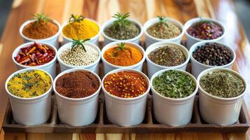 AI generated Various seasonings in cups creating a spice background on the table, Ai Generated photo