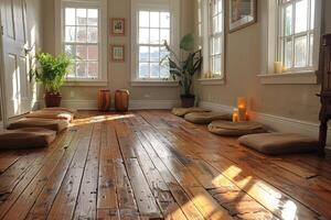 AI Generated Peaceful yoga studio with natural wood floors and calming colors photo