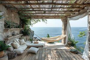 AI Generated Peaceful seaside retreat with breezy curtains and a hammock photo