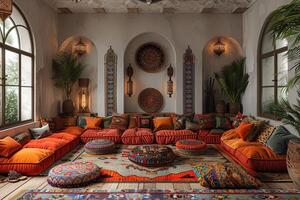 ai generado tradicional marroquí vivo habitación con Rico textiles linternas foto
