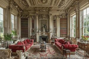 ai generado florido victoriano dibujo habitación con Rico texturas y período mueble foto