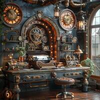 AI Generated Steampunk office with vintage typewriters brass lamps photo