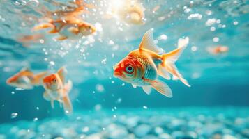 AI generated Hilarious underwater scene goldfish in pool plays deep dive action, Ai Generated. photo
