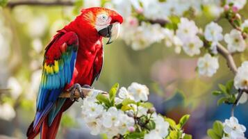 AI generated A vibrant parrot perches on a branch of a flowering tree, a picturesque scene of avian beauty, Ai Generated. photo