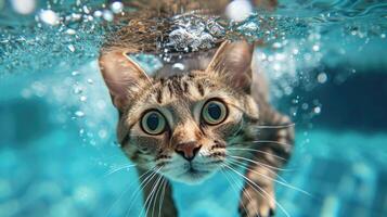 ai generado divertidísimo submarino escena gato en piscina obras de teatro profundo bucear acción, ai generado. foto