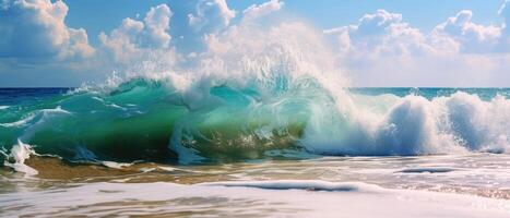 AI generated Powerful waves gracefully break on the sandy shore, a mesmerizing display of nature's force. Ai Generated photo