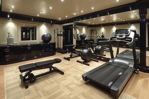 AI Generated Functional and stylish home gym with mirrored walls and modern equipment photo