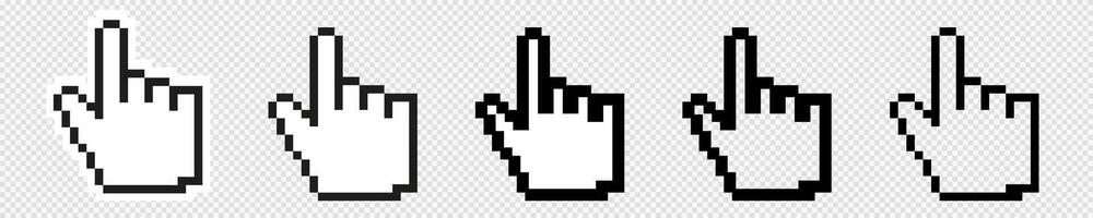 Computer mouse hand 8 bit pixel click cursor. Pointer finger pixelated cursor. vector