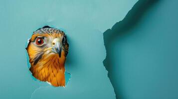 AI generated A humorous hawk peers through a ripped hole in a contrast pastel color paper background, Ai Generated photo