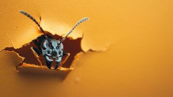 AI generated A humorous ant peers through a ripped hole in a contrast pastel color paper background, Ai Generated photo
