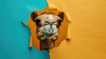 AI generated A humorous camel peers through a ripped hole in a contrast pastel color paper background, Ai Generated photo