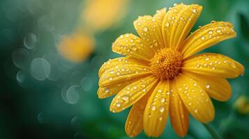 AI generated A radiant yellow daisy adorned with delicate raindrops, nature's jewels glistening in floral beauty. Ai Generated photo