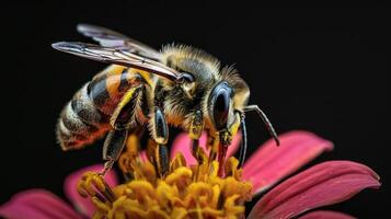 AI generated Isolated bee on flower against black background. Ai Generated photo