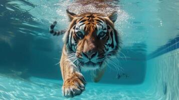 AI generated Hilarious underwater scene tiger in pool plays deep dive action, Ai Generated. photo