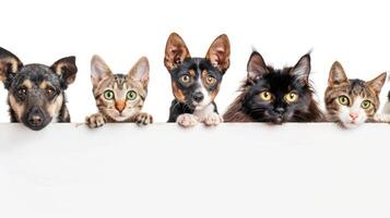 AI generated Whimsical web banner Cats and dogs peeking over white. Ai Generated. photo