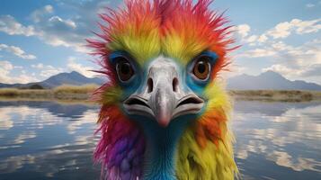 AI generated ostrich with eyes twice as big, adorned in rainbow colors on both sides, Ai Generated. photo