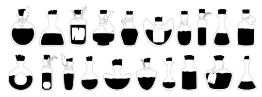 Black icons of potion, elixir, witchcraft liquid. Jars for witchcraft. Vector illustration on a white background.