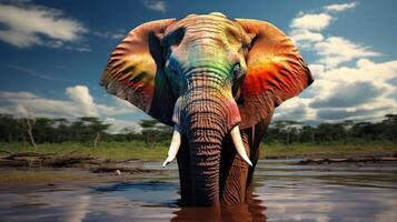 ai generado elefante con ojos dos veces como grande, adornado en arco iris colores en ambos lados, ai generado. foto