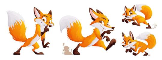 A set of four cunning but cute foxes. Adult foxes in dynamic poses. Wild animals of the forest. Vector cartoon style.