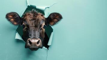 AI generated A humorous ox peers through a ripped hole in a contrast pastel color paper background, Ai Generated photo