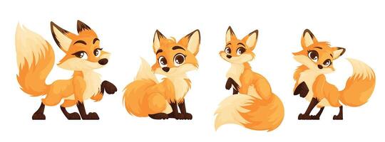 Cute fox set. Funny red fox collection. Animal emotion. Animal character design. Vector illustration isolated on white background.