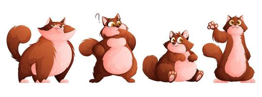 A set of four cute plump brown cats. Funny well-fed cat posing. Vector cartoon style.