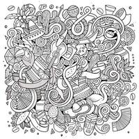 Cartoon hand-drawn doodles Latin American illustration. Line art vector