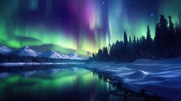 AI generated Winter aurora paints a mesmerizing spectrum of colors across the night sky, Ai Generated. photo